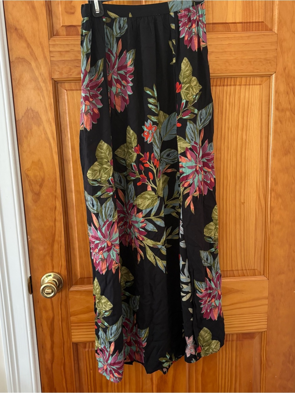 Free People-Style Black Maxi Skirt with Pink and Green Floral Print
